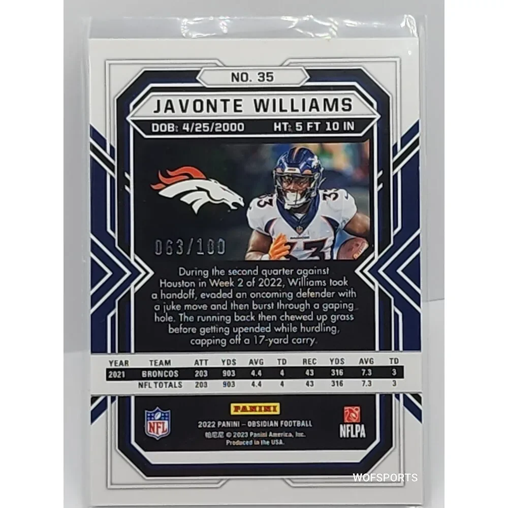 2022 Panini Obsidian Electric Etch Purple 63/100 Javonte Williams #35